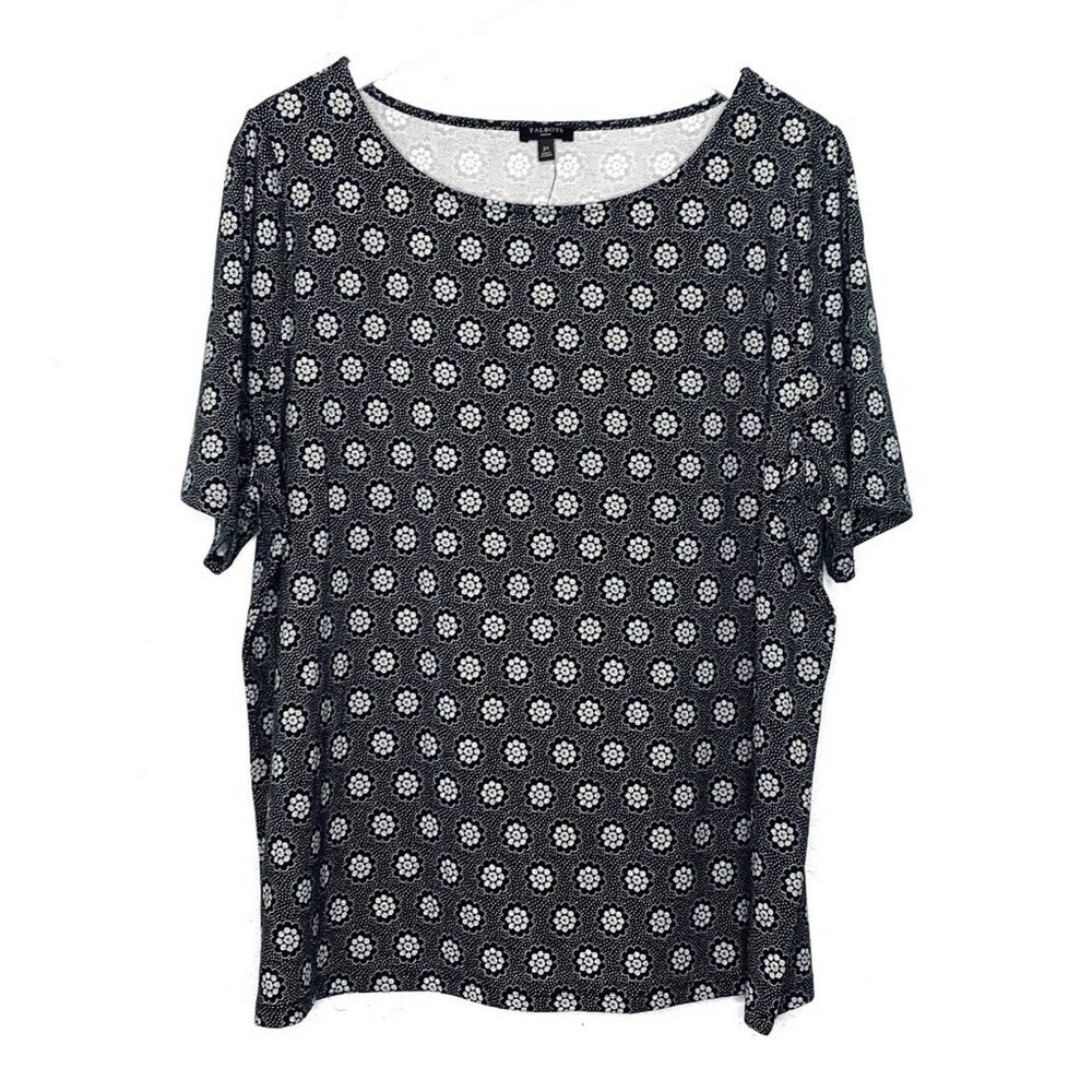 Talbots Floral Print T-Shirt Tee Snowflake Black White Boatneck Short Sleeve 2X